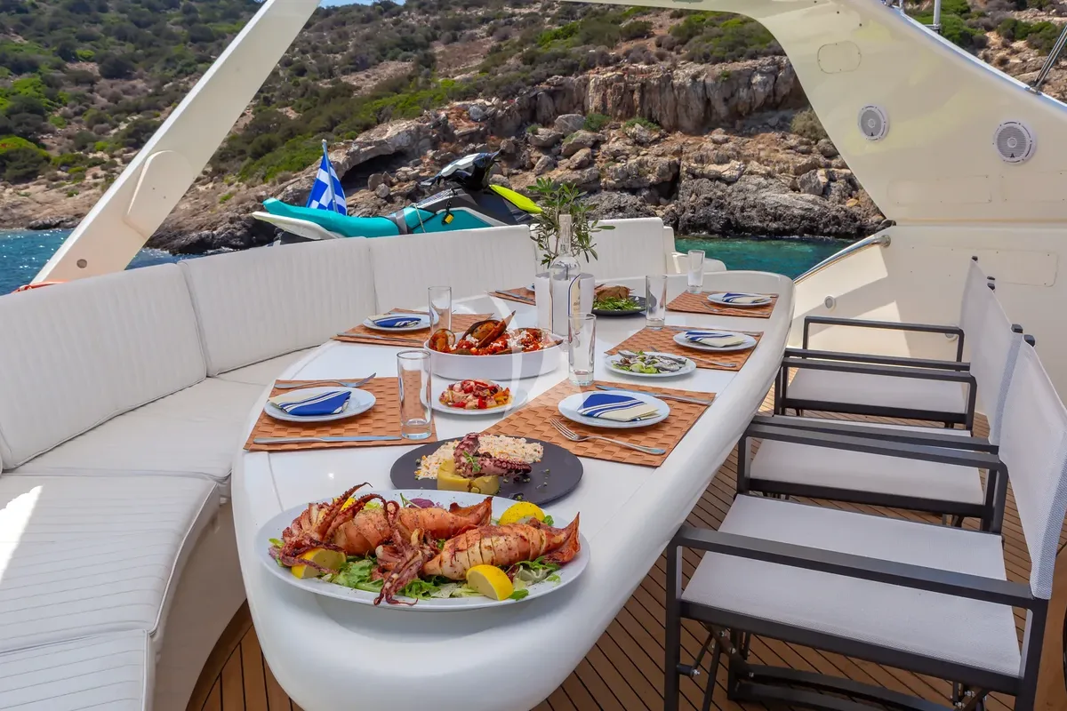 Deck of Efmaria, a Falcon 86 motor yacht at Athens, Greece