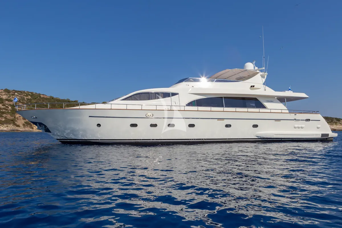 Exterior view of Efmaria, a Falcon 86 motor yacht at Athens, Greece