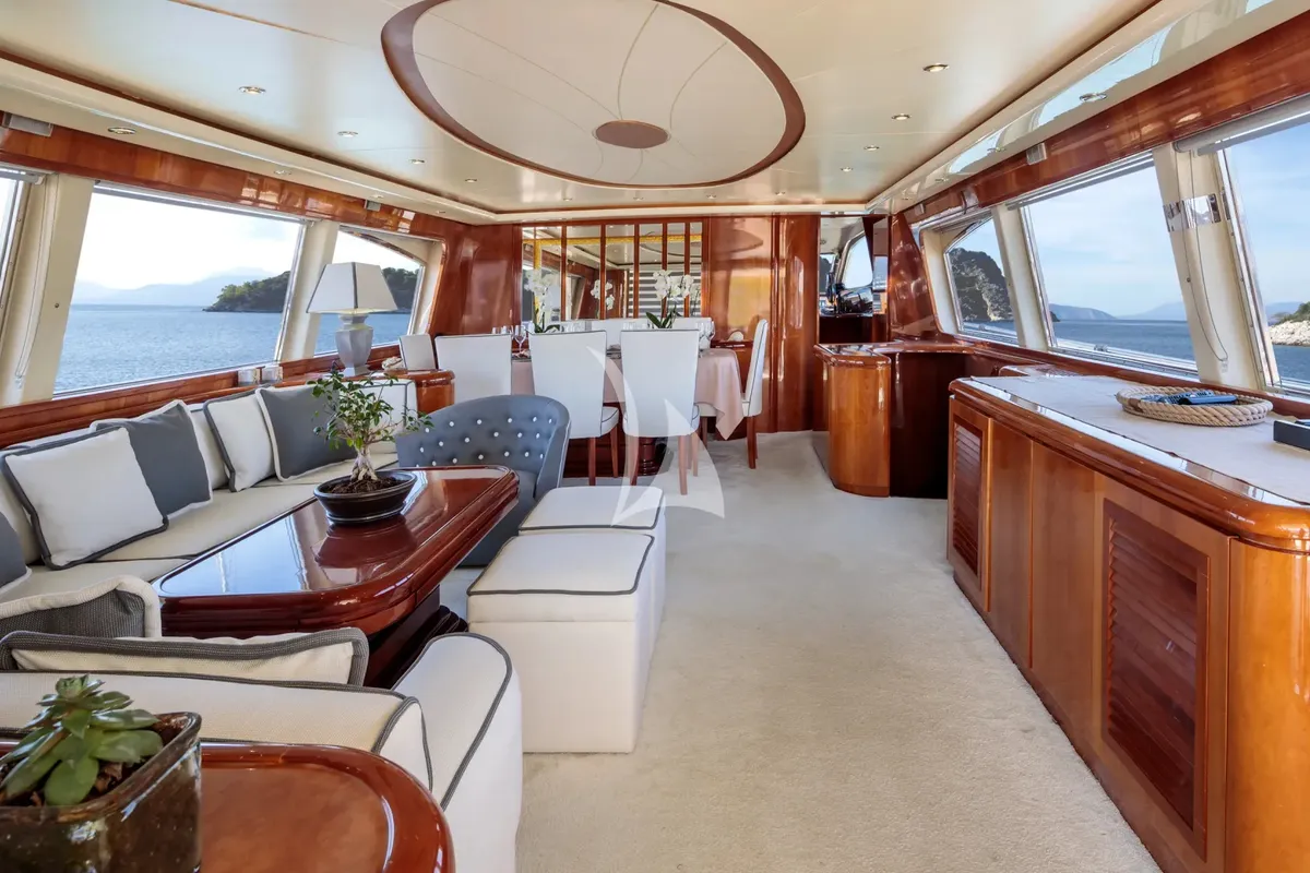 Salon of Efmaria, a Falcon 86 motor yacht at Athens, Greece