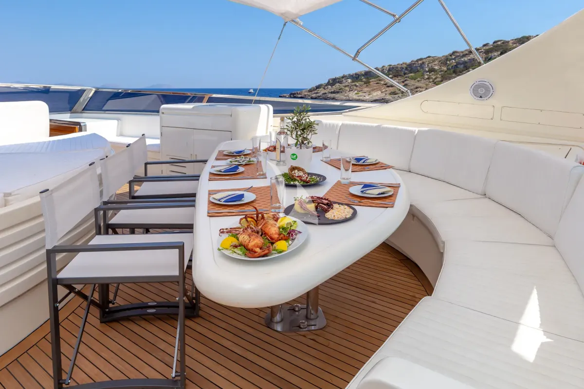 Deck of Efmaria, a Falcon 86 motor yacht at Athens, Greece