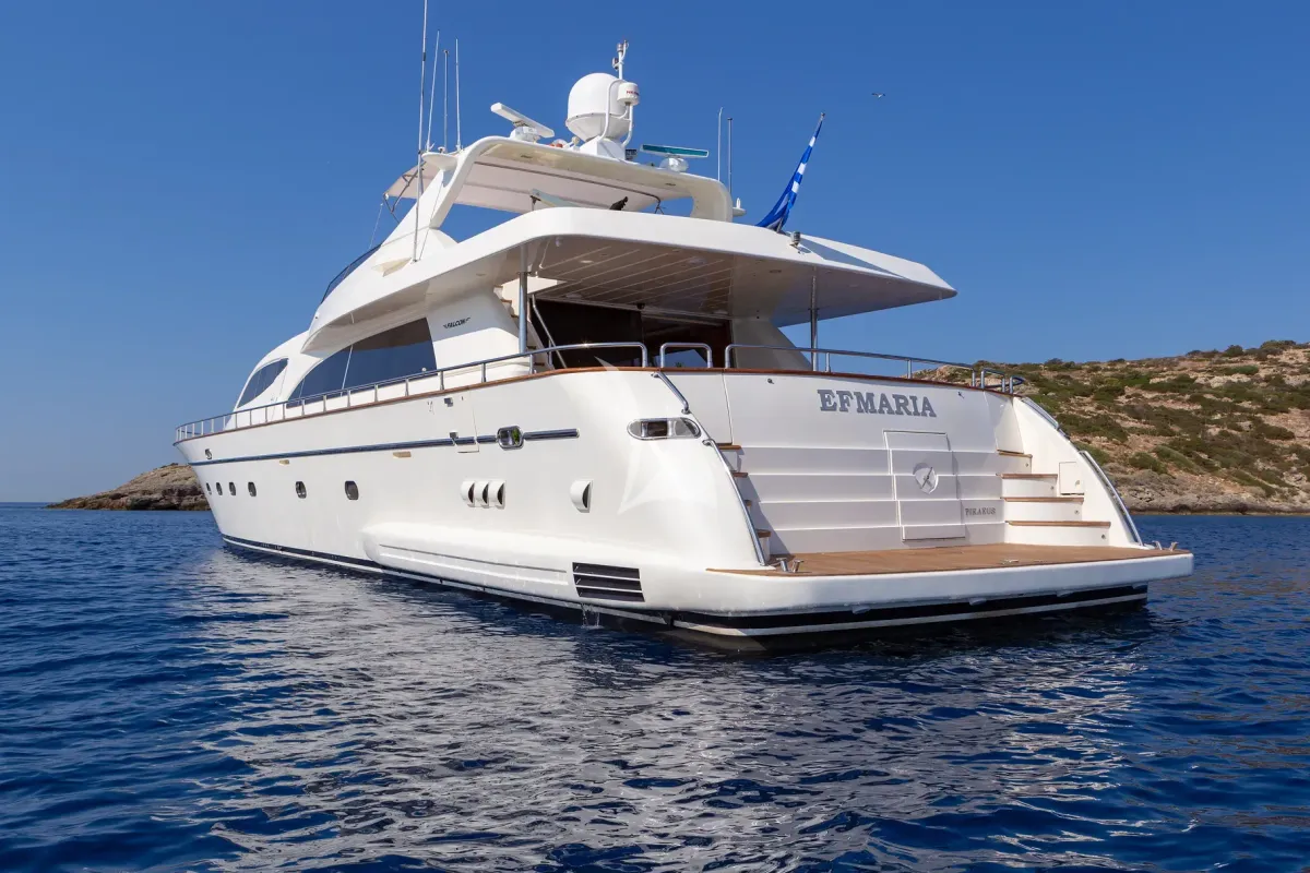 Exterior view of Efmaria, a Falcon 86 motor yacht at Athens, Greece