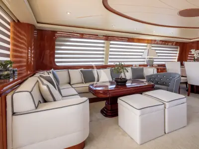 Salon of Efmaria, a Falcon 86 motor yacht at Athens, Greece