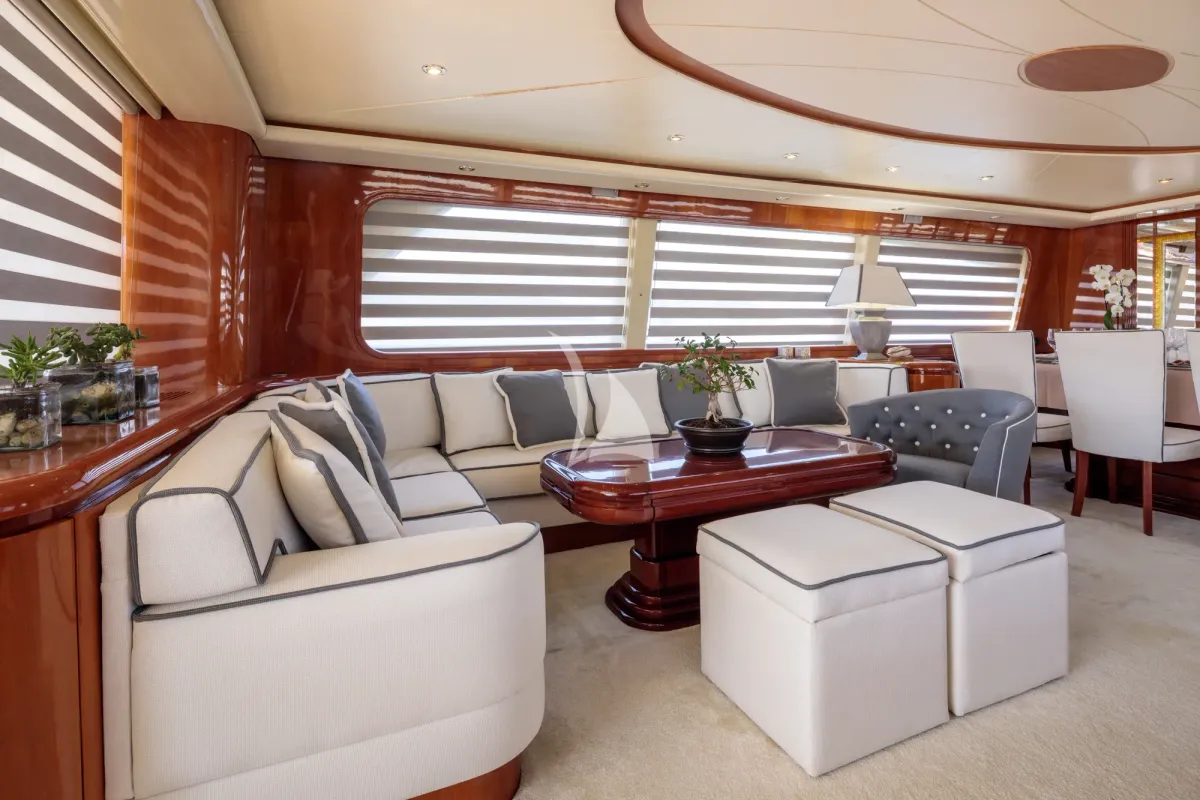 Salon of Efmaria, a Falcon 86 motor yacht at Athens, Greece