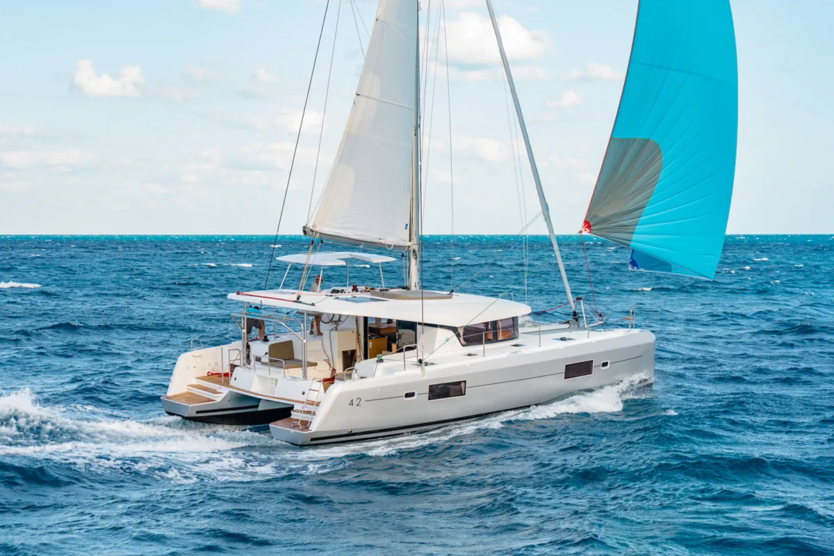 Exterior view of MarLe, a Lagoon 42 catamaran at Thira Municipal Unit, Greece