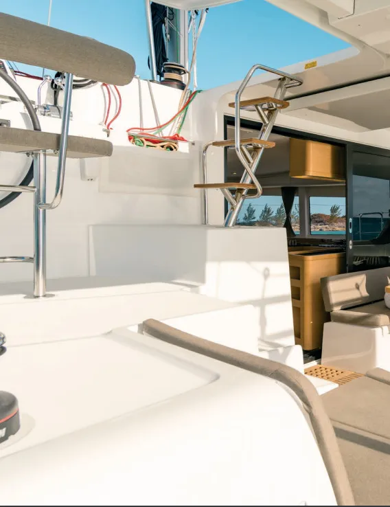 Cockpit of MarLe, a Lagoon 42 catamaran at Thira Municipal Unit, Greece
