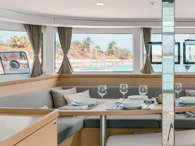 Salon of MarLe, a Lagoon 42 catamaran at Thira Municipal Unit, Greece
