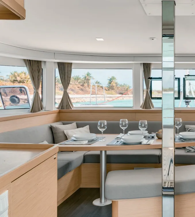 Salon of MarLe, a Lagoon 42 catamaran at Thira Municipal Unit, Greece