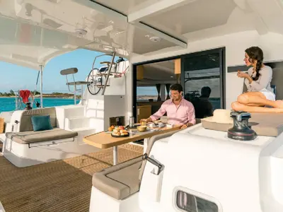 Deck of MarLe, a Lagoon 42 catamaran at Thira Municipal Unit, Greece