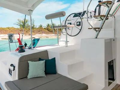 Cockpit of MarLe, a Lagoon 42 catamaran at Thira Municipal Unit, Greece