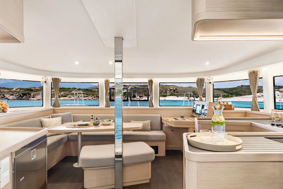 Salon of MarLe, a Lagoon 42 catamaran at Thira Municipal Unit, Greece