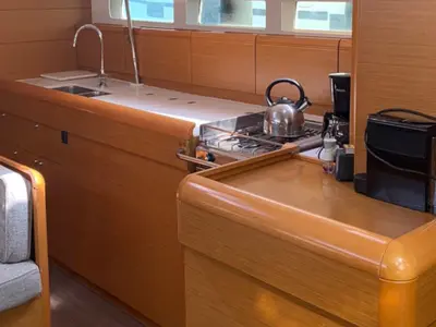 Galley of Aurora, a Jeanneau Sun Odyssey 519 sailboat at Skiathos, Greece