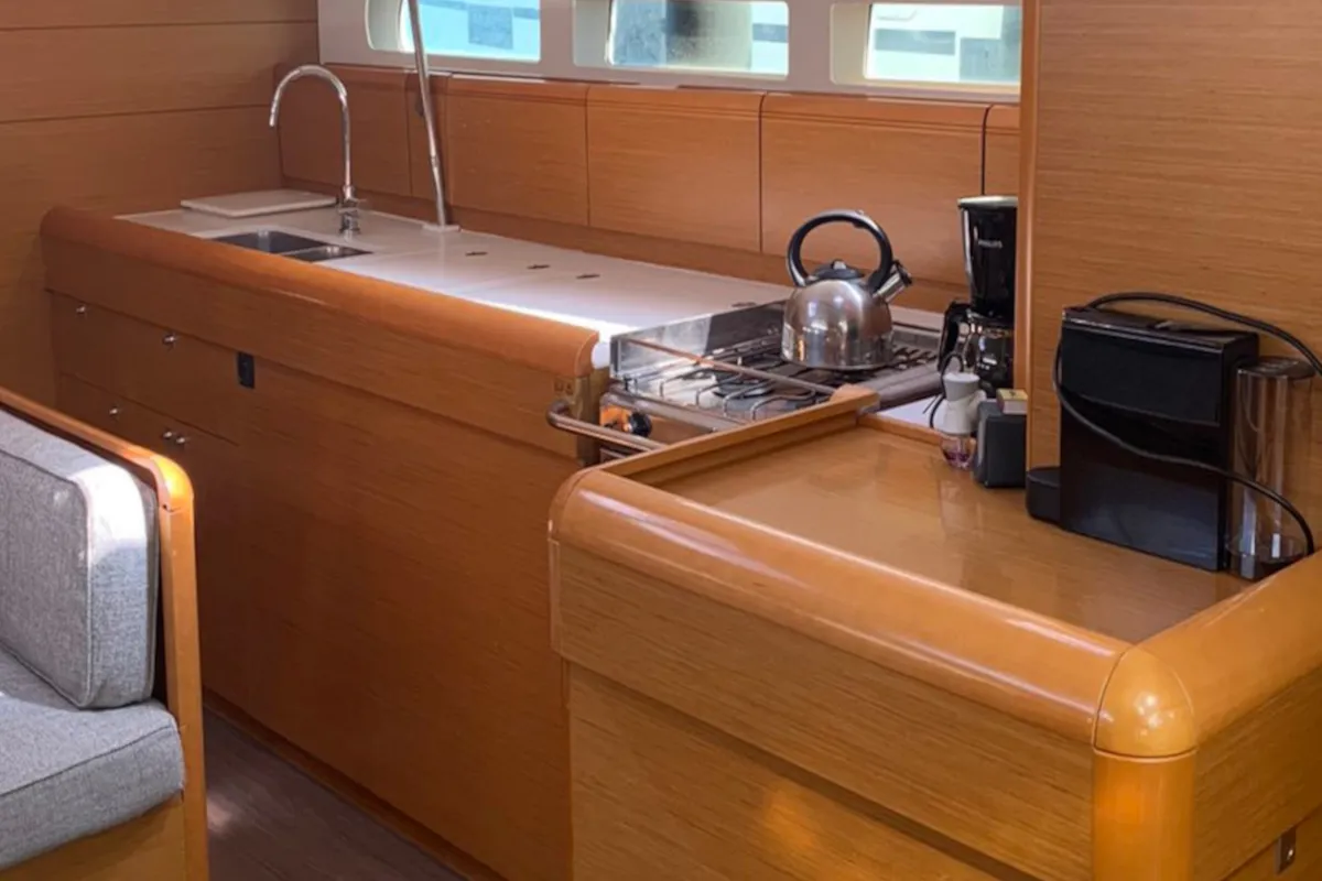 Galley of Aurora, a Jeanneau Sun Odyssey 519 sailboat at Skiathos, Greece