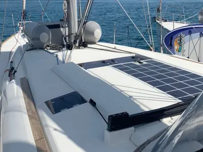 Deck of Aurora, a Jeanneau Sun Odyssey 519 sailboat at Skiathos, Greece