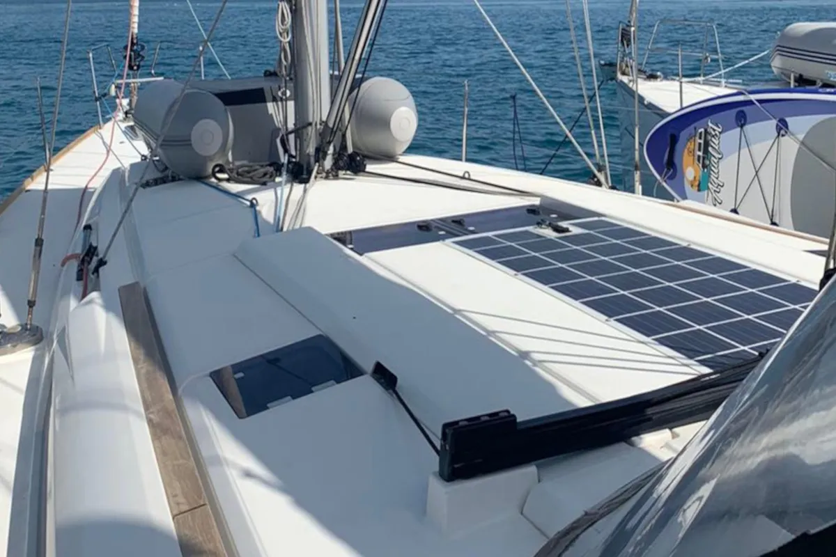 Deck of Aurora, a Jeanneau Sun Odyssey 519 sailboat at Skiathos, Greece