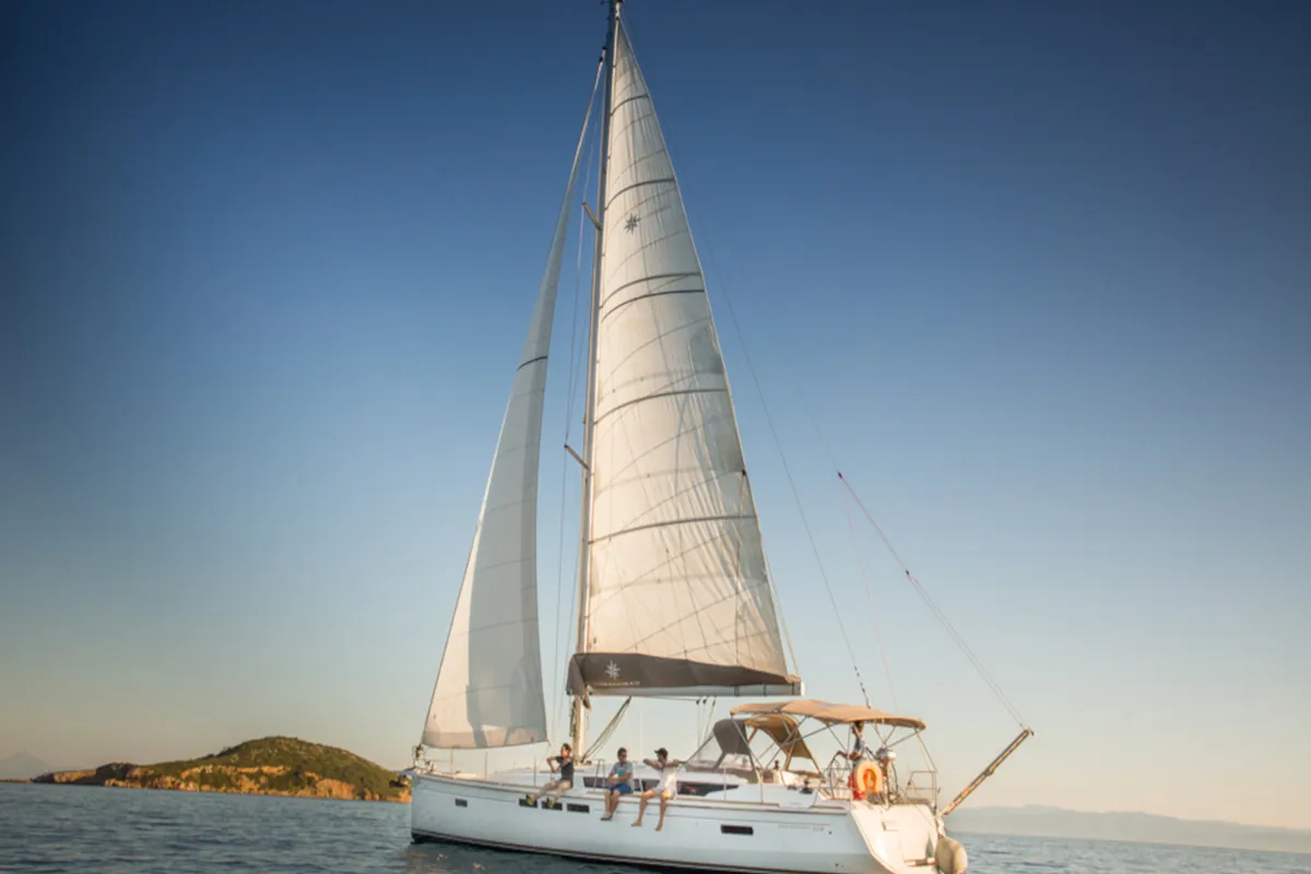 Exterior view of Aurora, a Jeanneau Sun Odyssey 519 sailboat at Skiathos, Greece