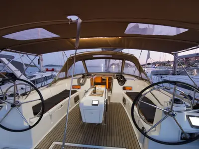 Cockpit of Aurora, a Jeanneau Sun Odyssey 519 sailboat at Skiathos, Greece