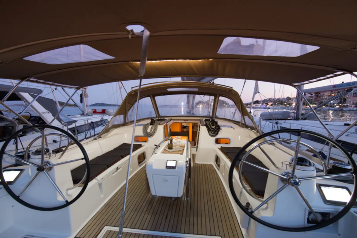 Cockpit of Aurora, a Jeanneau Sun Odyssey 519 sailboat at Skiathos, Greece