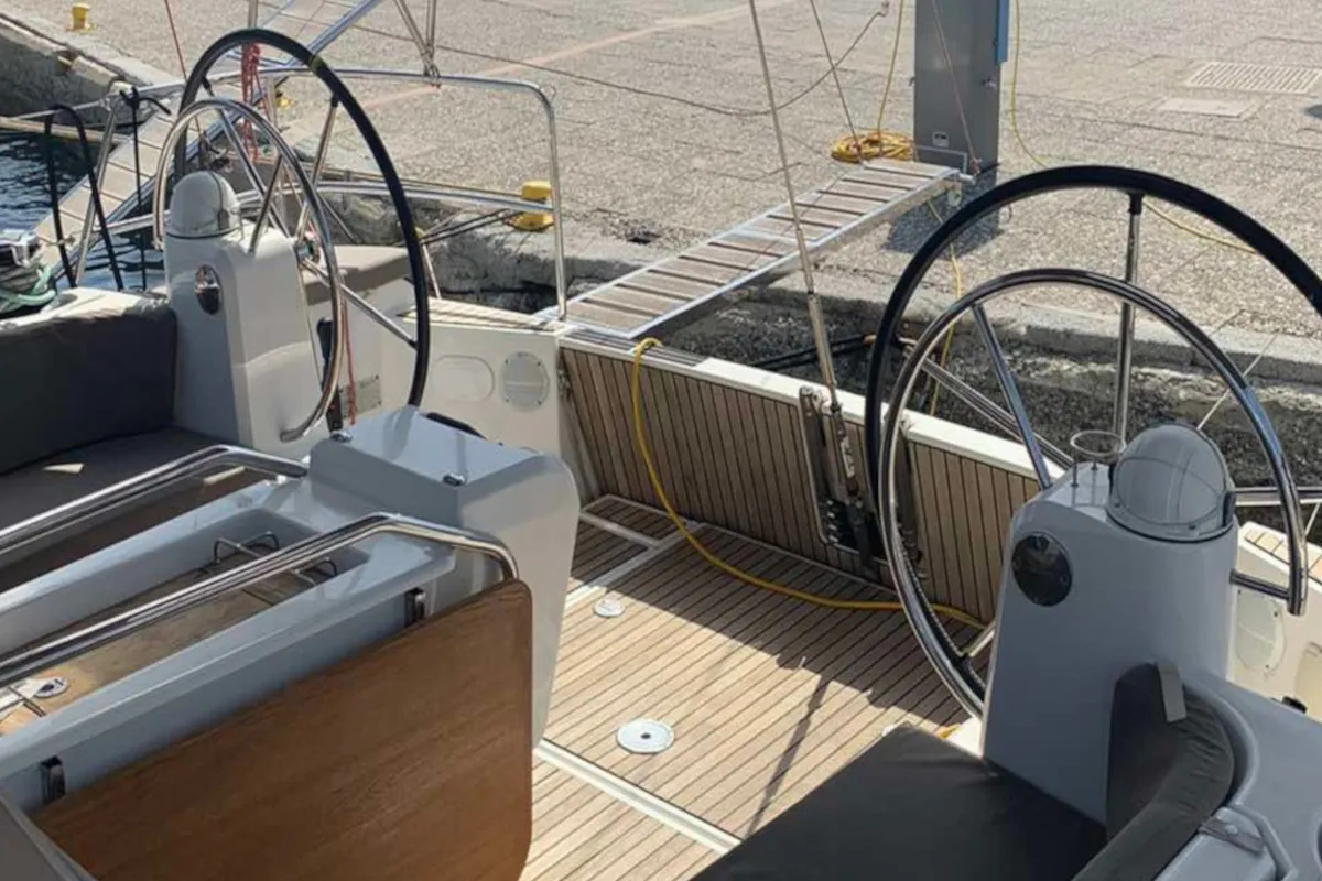 Cockpit of Aurora, a Jeanneau Sun Odyssey 519 sailboat at Skiathos, Greece