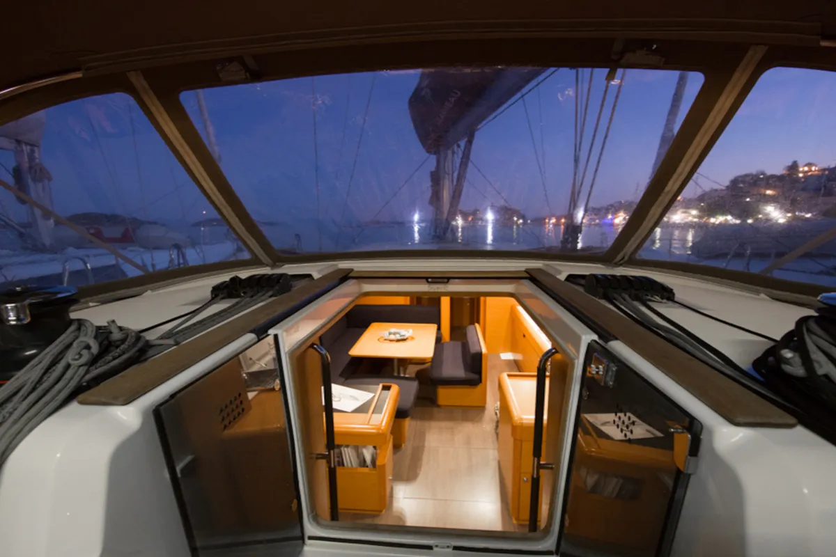 Cockpit of Aurora, a Jeanneau Sun Odyssey 519 sailboat at Skiathos, Greece