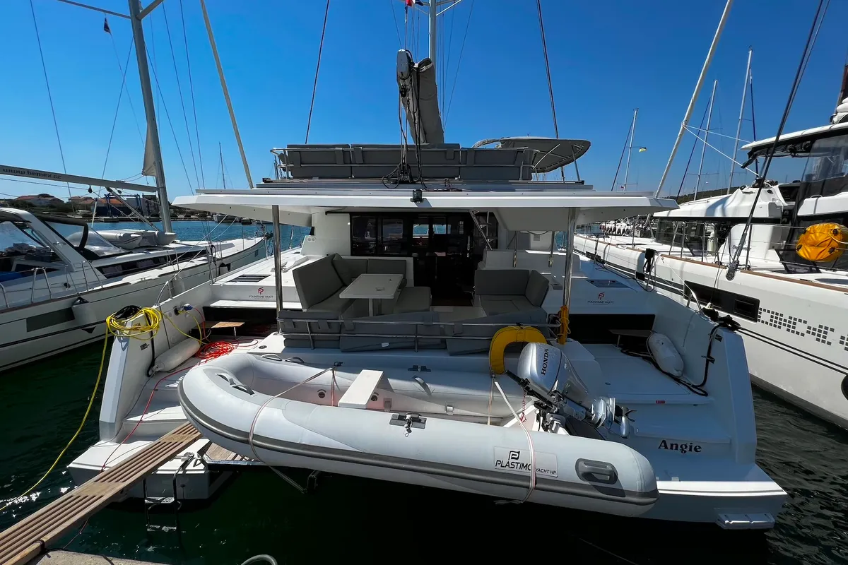 Exterior view of Angie, a Fountaine Pajot Elba 45 catamaran at Sukošan, Croatia