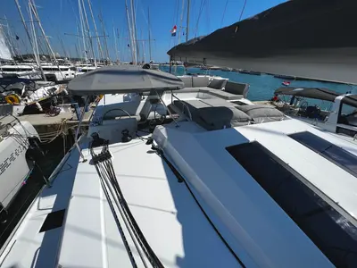 Deck of Angie, a Fountaine Pajot Elba 45 catamaran at Sukošan, Croatia