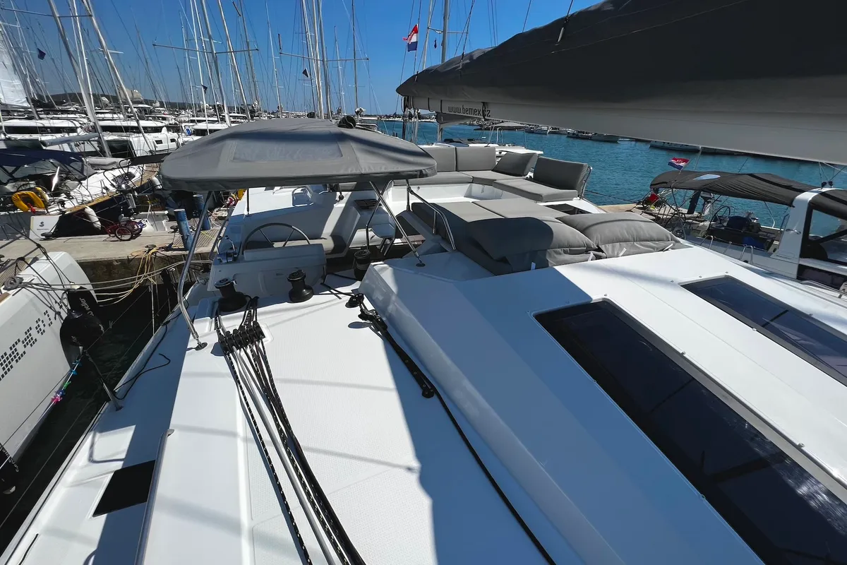 Deck of Angie, a Fountaine Pajot Elba 45 catamaran at Sukošan, Croatia
