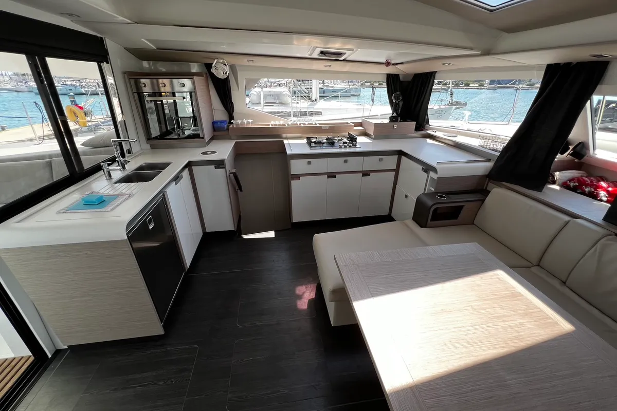 Salon of Angie, a Fountaine Pajot Elba 45 catamaran at Sukošan, Croatia
