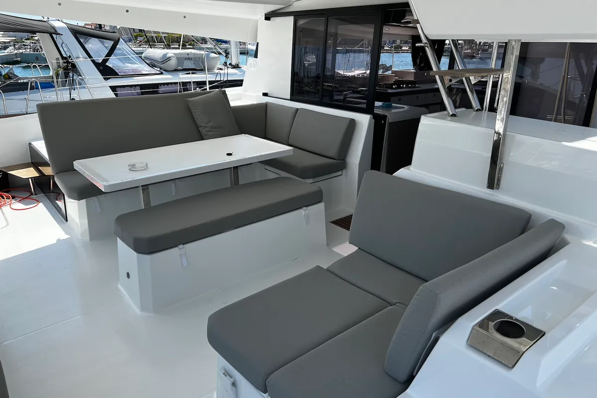 Deck of Angie, a Fountaine Pajot Elba 45 catamaran at Sukošan, Croatia