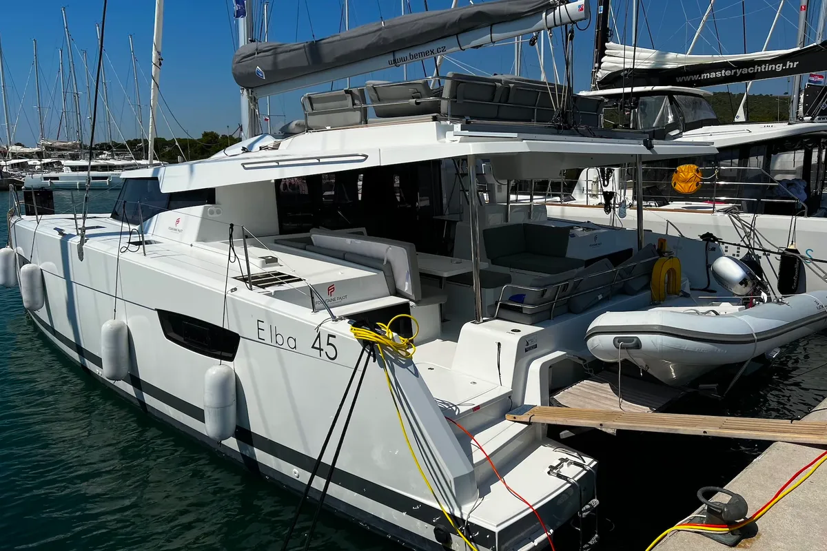 Exterior view of Angie, a Fountaine Pajot Elba 45 catamaran at Sukošan, Croatia