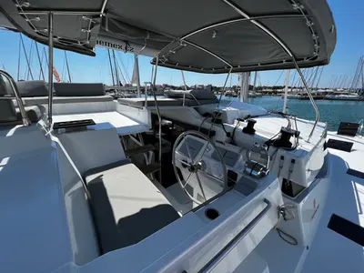 Cockpit of Angie, a Fountaine Pajot Elba 45 catamaran at Sukošan, Croatia