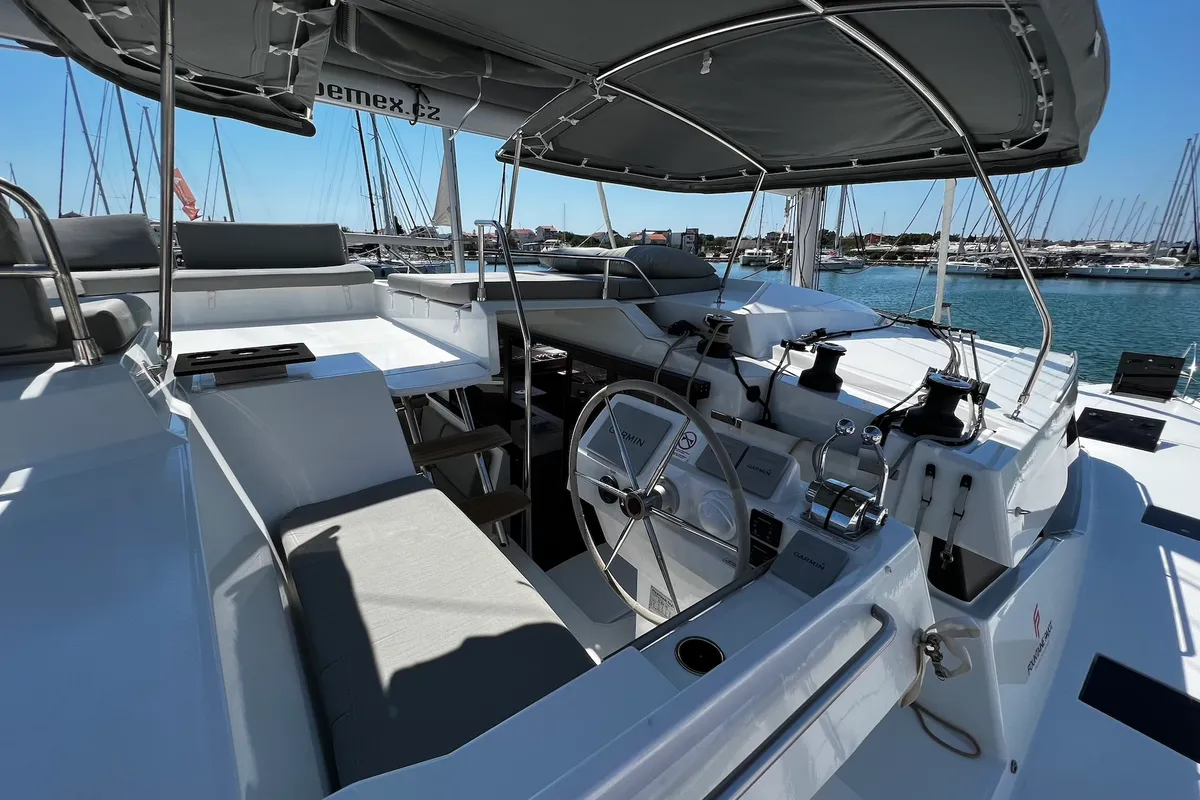 Cockpit of Angie, a Fountaine Pajot Elba 45 catamaran at Sukošan, Croatia