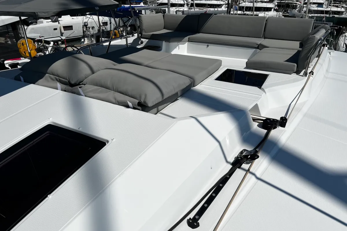 Deck of Angie, a Fountaine Pajot Elba 45 catamaran at Sukošan, Croatia