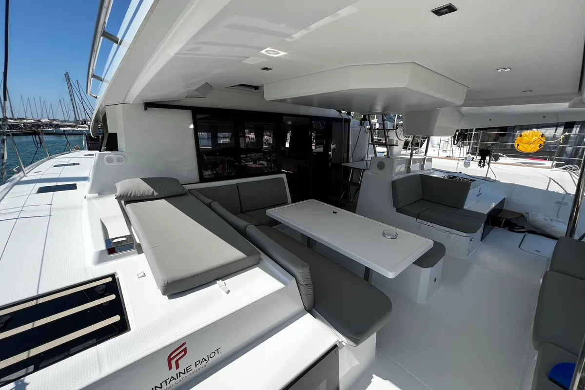 Deck of Angie, a Fountaine Pajot Elba 45 catamaran at Sukošan, Croatia