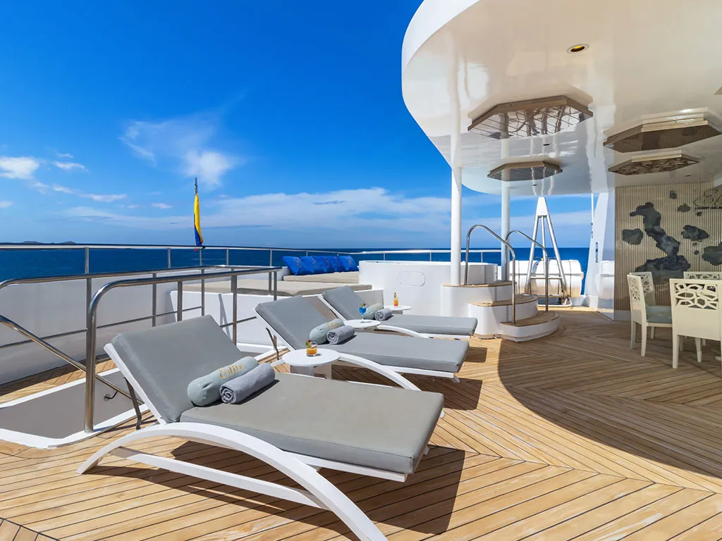 Deck of Elite, a Gulet Power Catamaran catamaran at Baltra, Ecuador