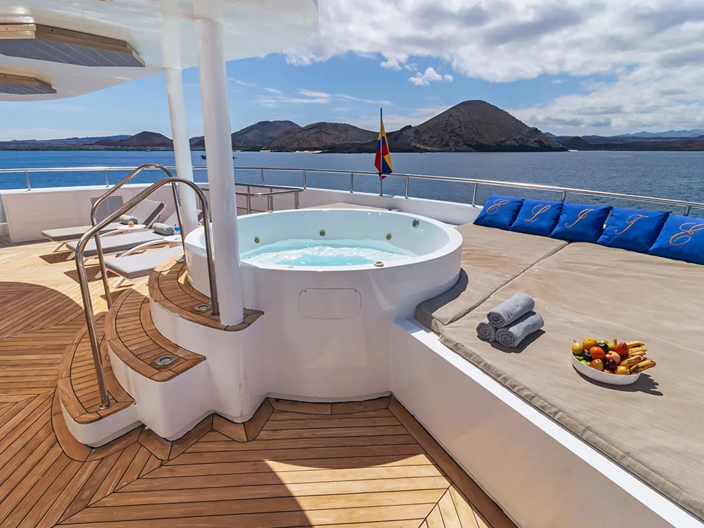 Deck of Elite, a Gulet Power Catamaran catamaran at Baltra, Ecuador