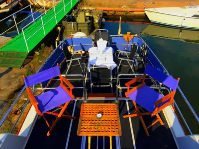 Deck of Gulet Husky Dane, a motorboat at Motala, Sweden