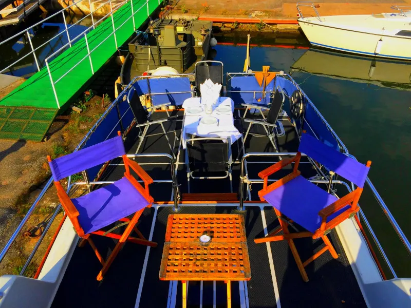 Deck of Gulet Husky Dane, a motorboat at Motala, Sweden