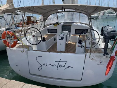 Cockpit of Sventola, a Jeanneau Sun Odyssey 490 sailboat at Nettuno, Italy
