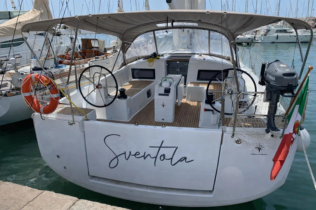 Cockpit of Sventola, a Jeanneau Sun Odyssey 490 sailboat at Nettuno, Italy