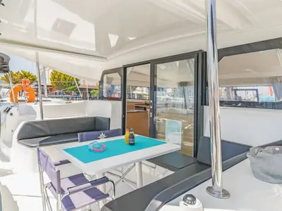 Deck of Okiroi, a Excess 11 catamaran at Skiathos, Greece