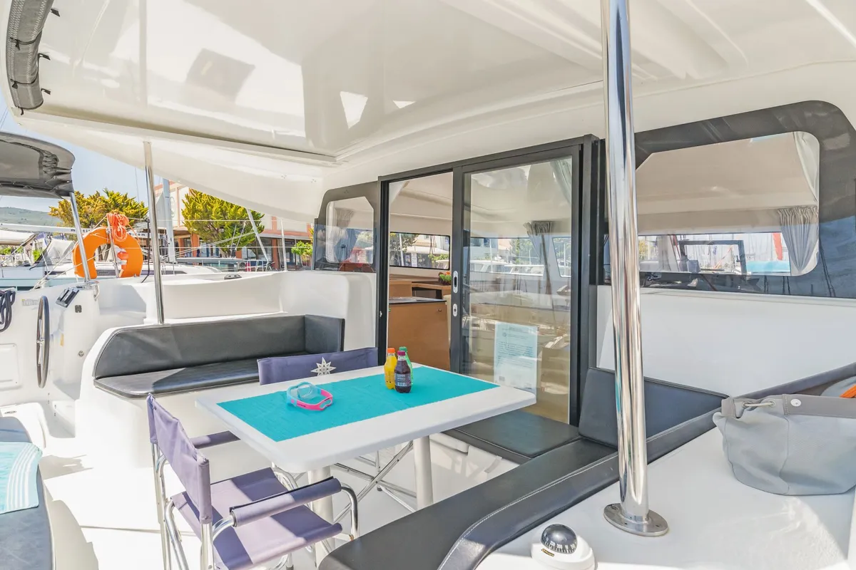 Deck of Okiroi, a Excess 11 catamaran at Skiathos, Greece