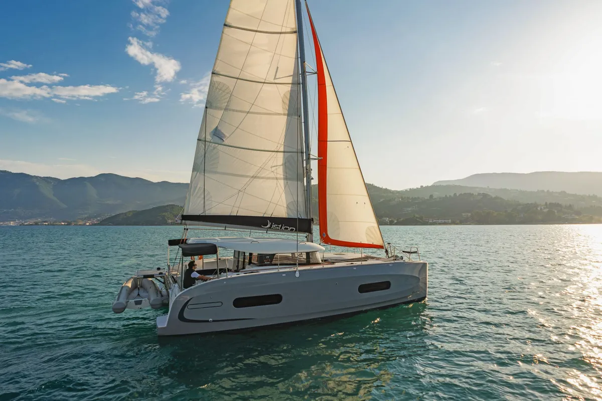 Exterior view of Okiroi, a Excess 11 catamaran at Skiathos, Greece