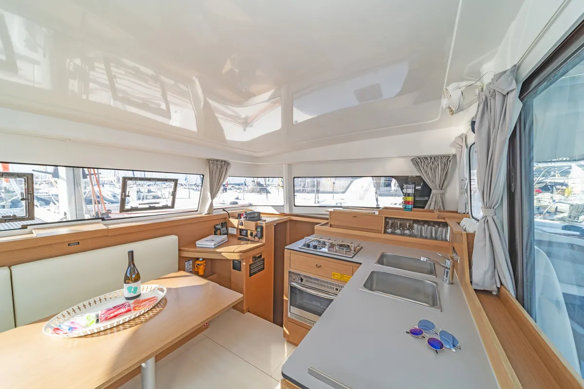Galley of Okiroi, a Excess 11 catamaran at Skiathos, Greece
