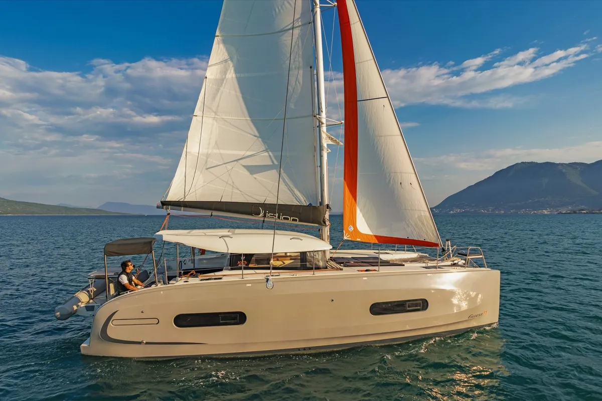 Exterior view of Okiroi, a Excess 11 catamaran at Skiathos, Greece