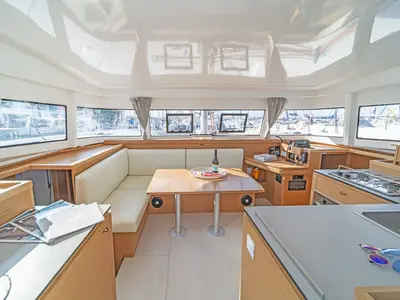 Salon of Okiroi, a Excess 11 catamaran at Skiathos, Greece