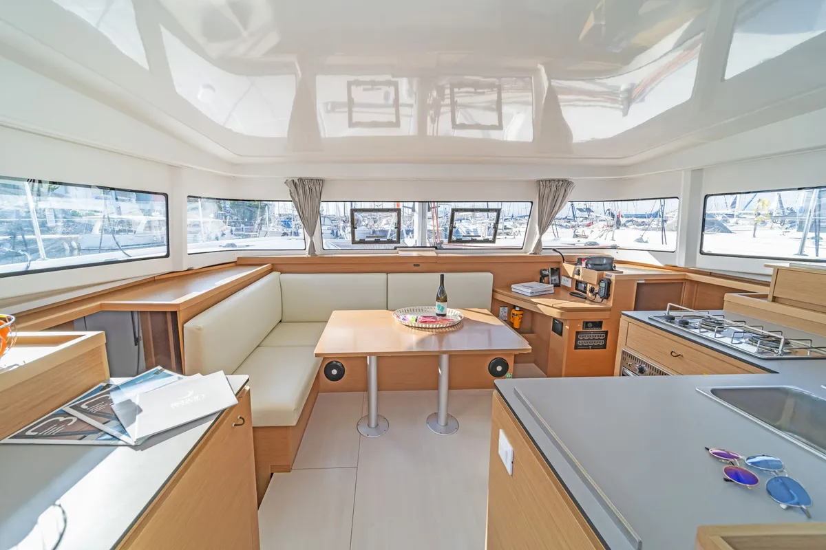 Salon of Okiroi, a Excess 11 catamaran at Skiathos, Greece