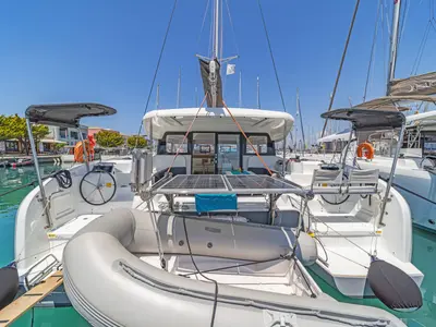 Cockpit of Okiroi, a Excess 11 catamaran at Skiathos, Greece