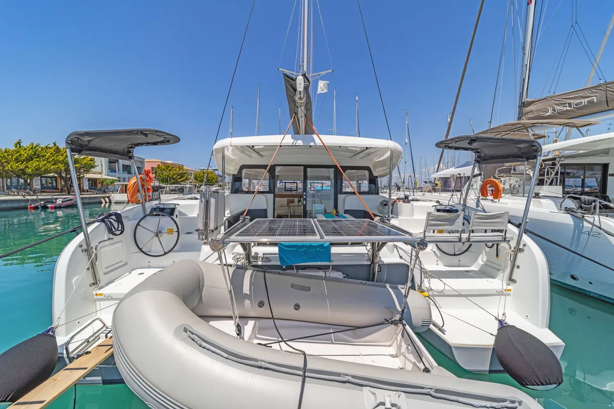 Cockpit of Okiroi, a Excess 11 catamaran at Skiathos, Greece