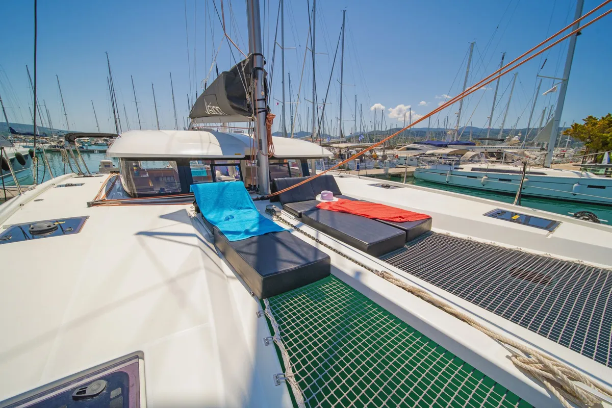 Deck of Okiroi, a Excess 11 catamaran at Skiathos, Greece