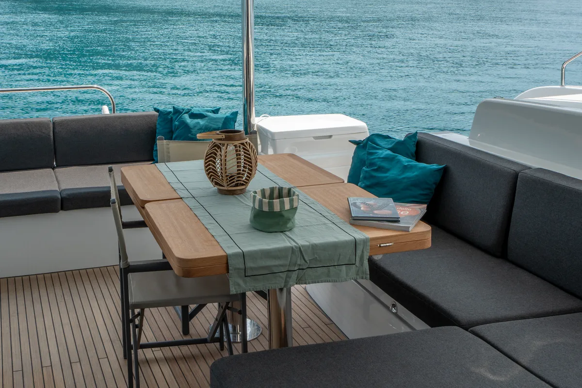 Deck of SAILUXE - Allegra, a Lagoon 51 catamaran at Olbia, Italy